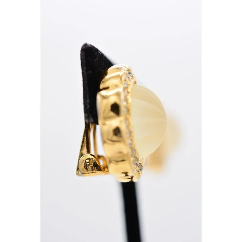 Christian Dior Vintage Clip On Earrings Frosted Glass Crystal Gold Signed BinAB